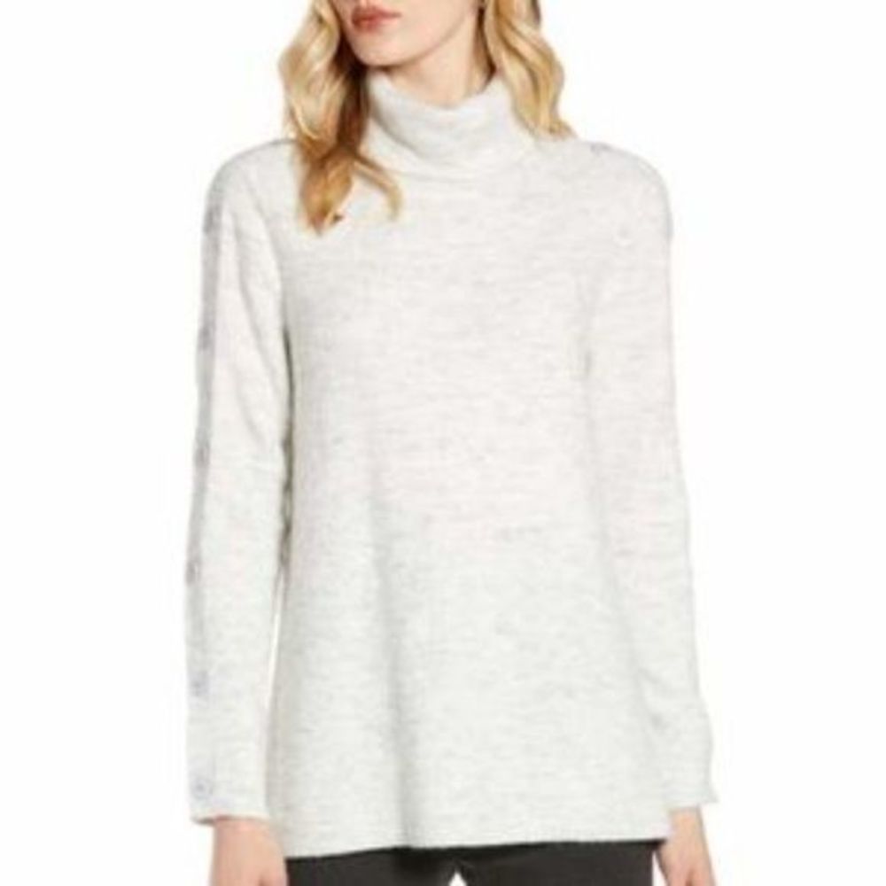 HALOGEN Cowlneck Sweater with Button Sleeves